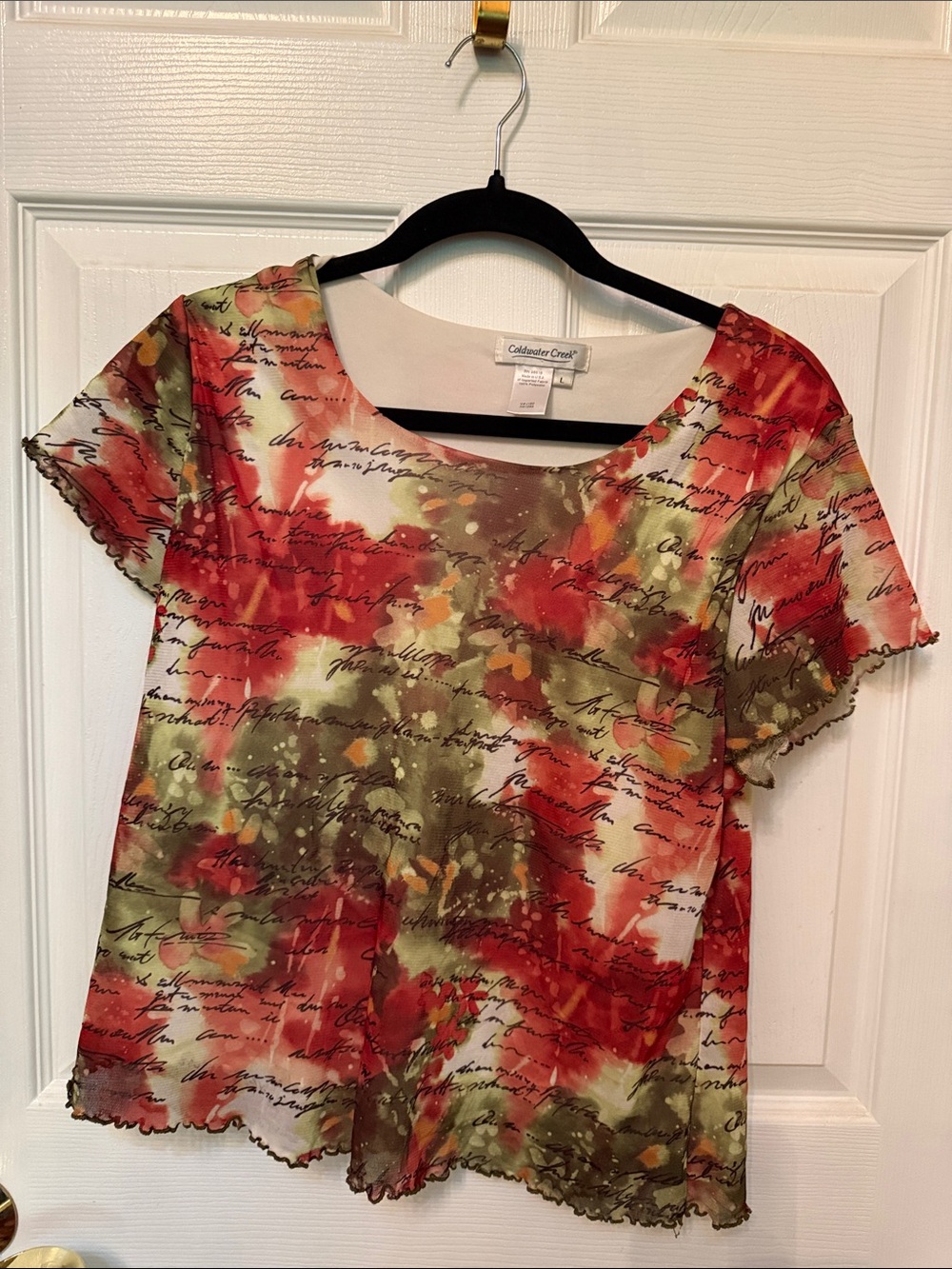 Coldwater Creek Multicolor Floral & Script Short Sleeve Top